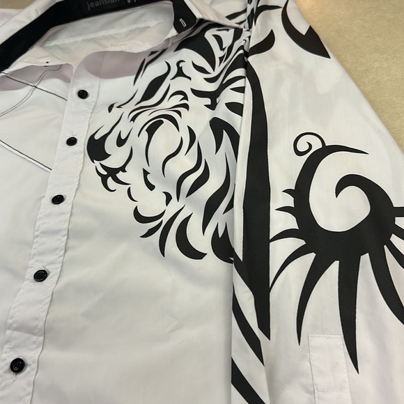 Jeansian White Black Lion Print Long-sleeved Button Up Casual Dressy Shirt L - Picture 7 of 8